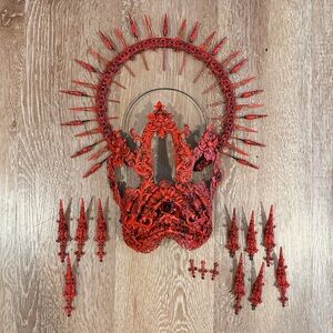 Custom handmade gothic blind eye cathedral mask, halo crown, and nail claws.